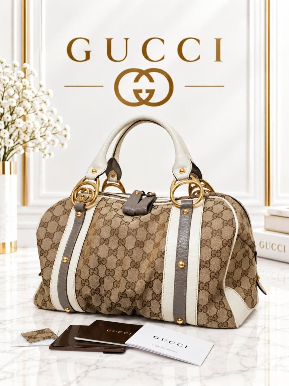 Authentic Gucci GG Canvas Boston Bag Brown Monogram Satchel White Leather